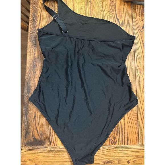 Blooming Jelly Black Sheer Panels One Shoulder Slimming One Piece Swimsuit XL - Picture 2 of 4